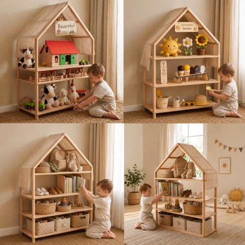 Montessori Regal vielseitig genutzt für Bücher, Puppen, Bauernhof-Spielwelten und kreative Themenwelten.